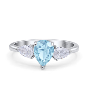 Three Stone Teardrop Pear Art Deco Simulated Aquamarine CZ Engagement Ring 925 Sterling Silver